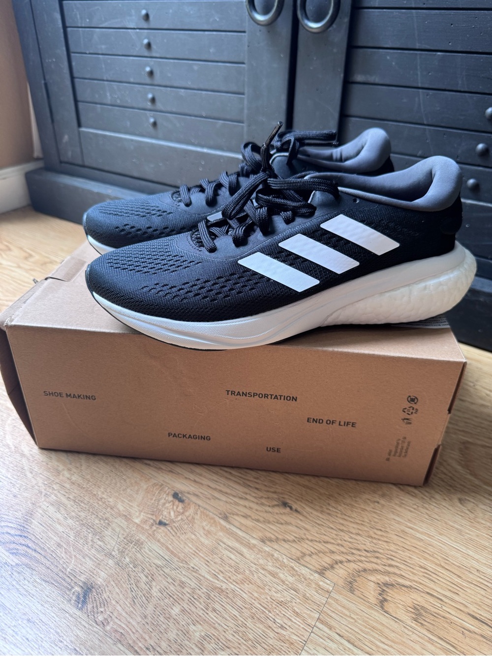Adidas Supernova 2 M - Black Running Shoes with White Stripes, NWT, Size 7.5 (M)